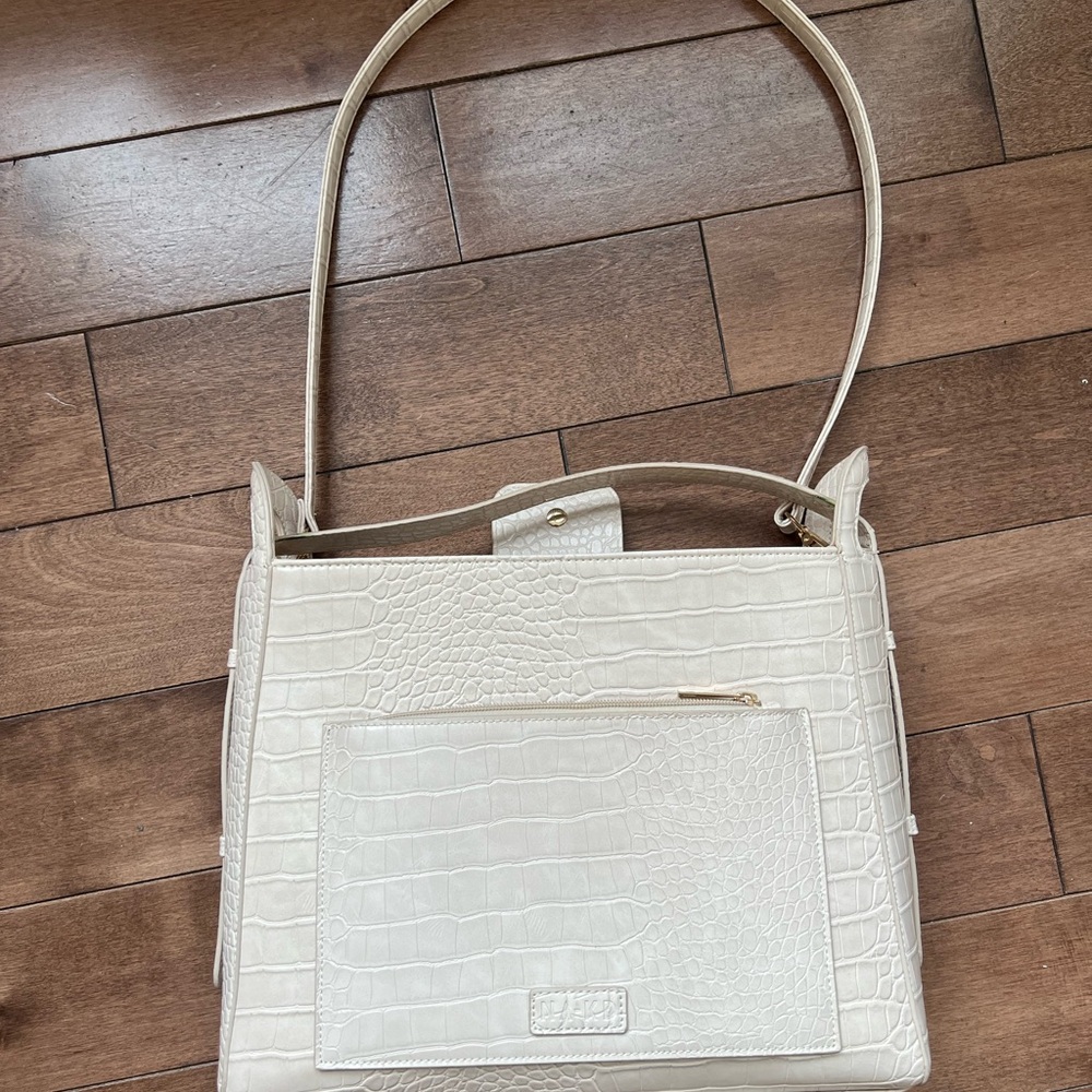 Croc-Embossed Cream Shoulder Bag with Front Zip Pocket